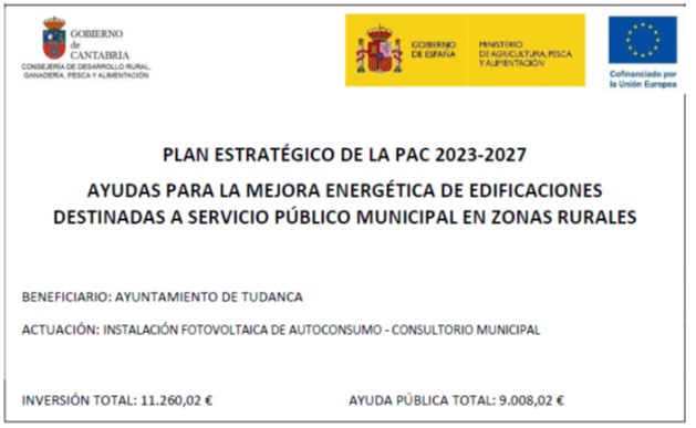 AYUDAS PARA LA MEJORA DE EDIFICACIONES DESTINADAS A SERVICIO PÚBLICO MUNICIPAL EN ZONAS RURALES. INSTALACIÓN FOTOVOLTAICA DE AUTOCONSUMO - CONSULTORIO MUNICIPAL.